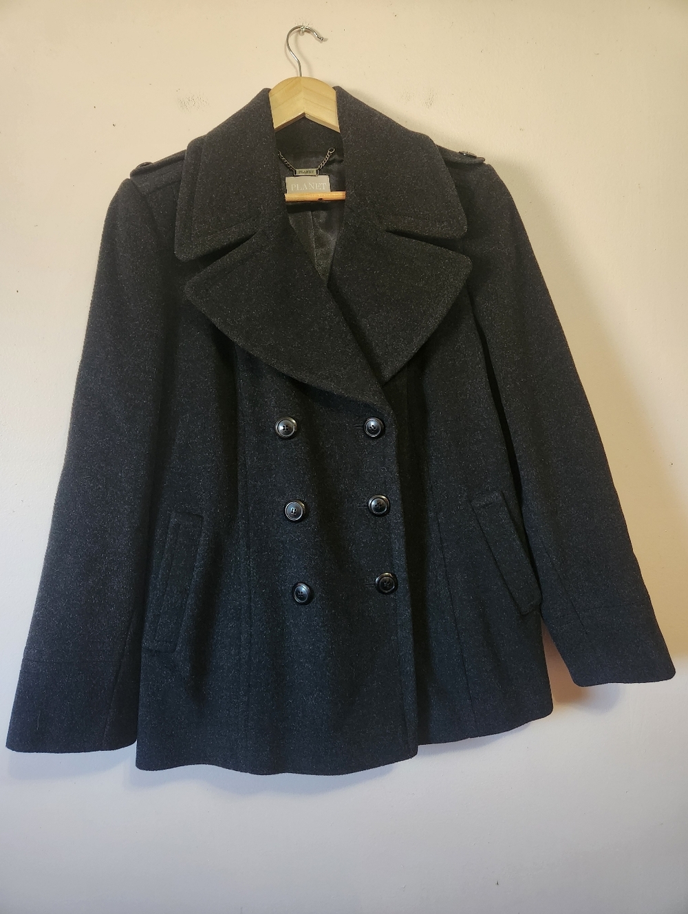 Planet Jacques Vert Black Wool Cashmere Peacoat Jacket Size 14